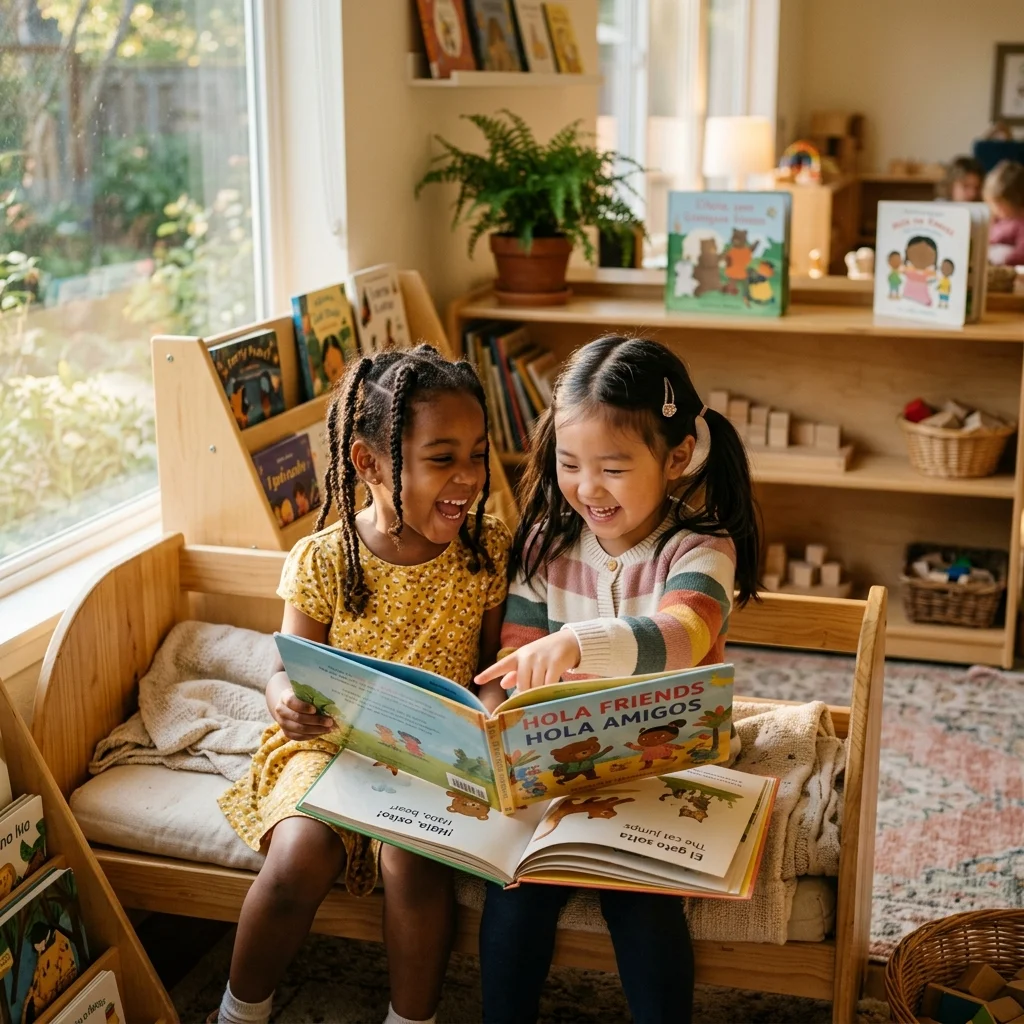 Two children of different ethnicities reading a bilingual picture book together in a Montessori library corner