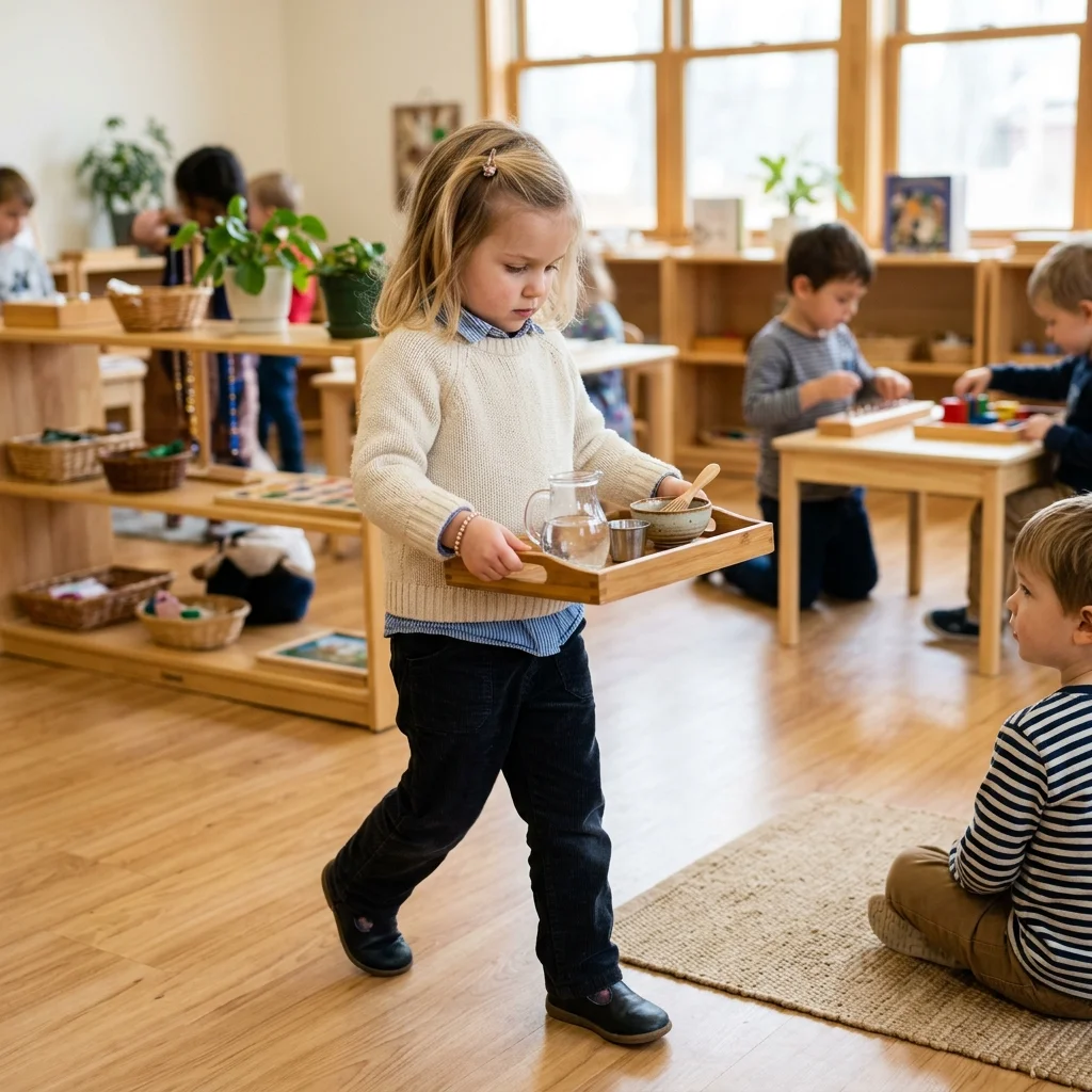 Child carefully carrying a wooden tray to a mat for practical life work in the Montessori classroom