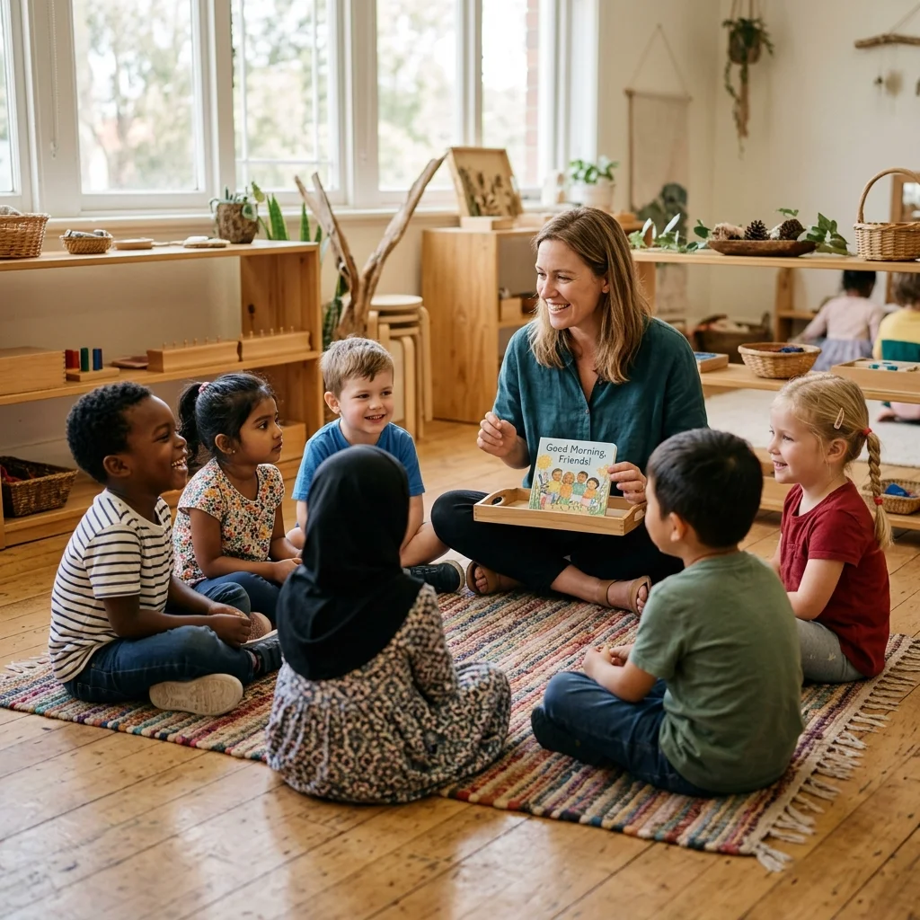 Children in a small morning circle with their Montessori guide for group language time