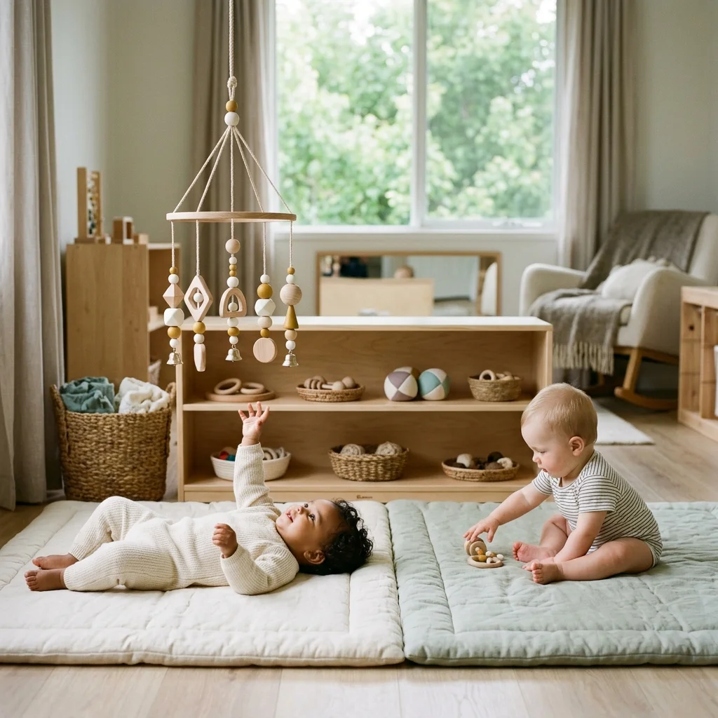 Montessori Nido infant room with babies on floor mats reaching for wooden mobiles, designed for motor and sensory development