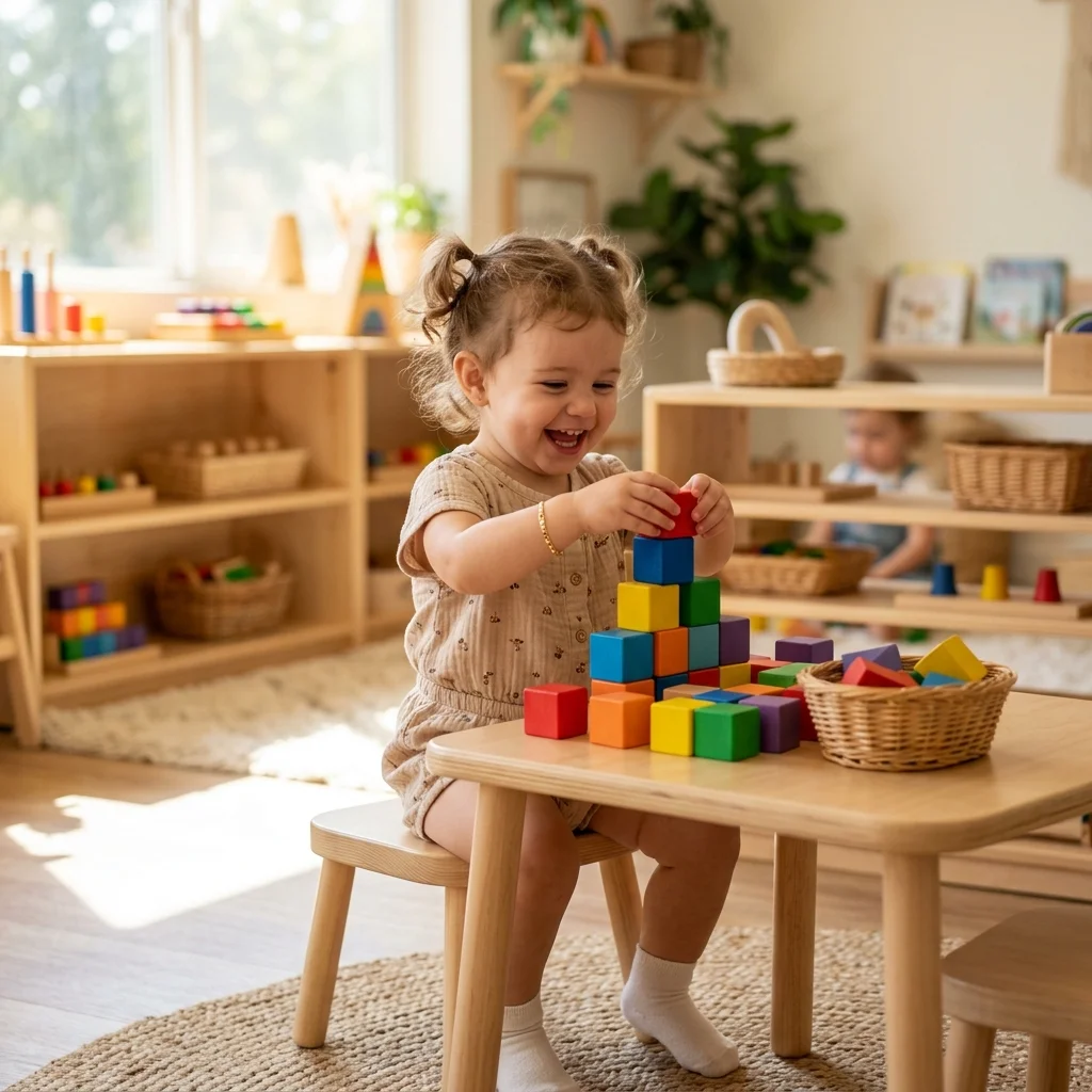 Happy toddler working with wooden blocks at a Montessori table in a sunny classroom