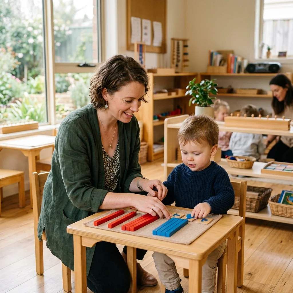 Montessori teacher guiding a child with math materials in a sunlit classroom