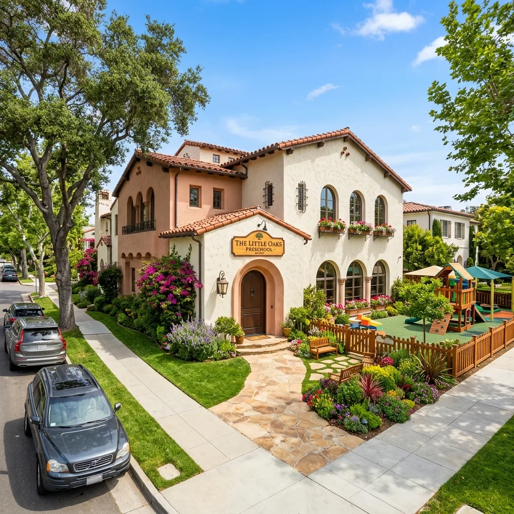 Beautiful exterior of a private preschool campus in Los Angeles