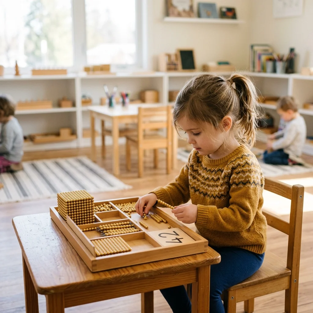 A 4-year-old child independently working with Montessori golden bead math materials in a sunlit preschool classroom