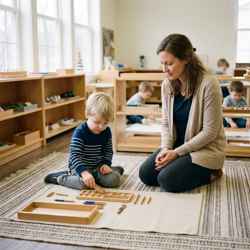 Montessori guide kneeling beside a child working with beads, observing rather than directing