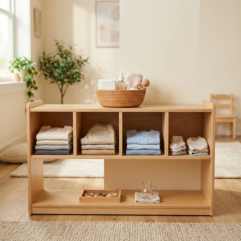 Organized Montessori toddler cubby with neatly folded clean clothes ready for independent changing