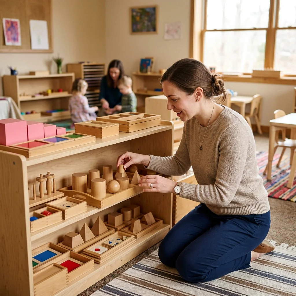 Parent examining Montessori materials on a low classroom shelf during a preschool tour