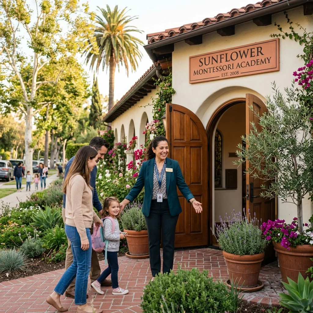 Welcoming Montessori campus director greeting a family at the entrance of a Los Angeles preschool
