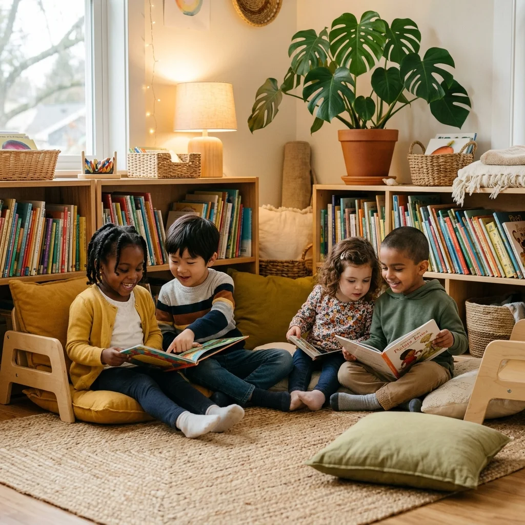 Children reading together in a Montessori classroom