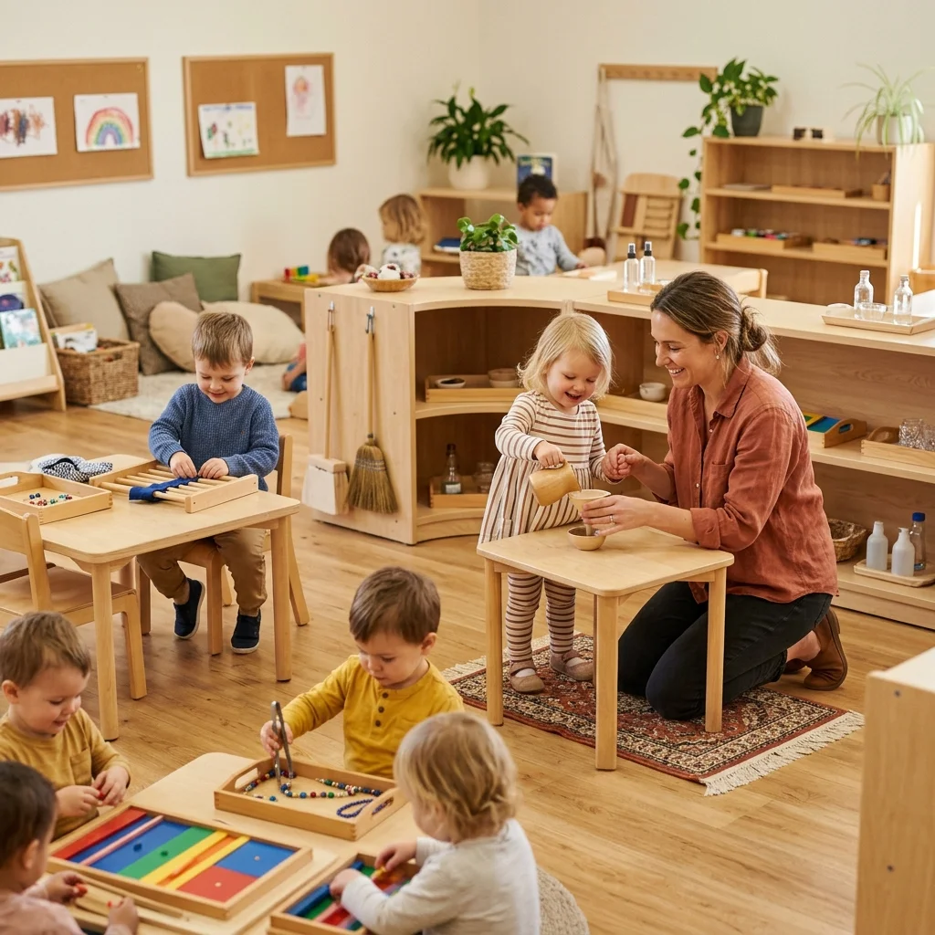 Montessori teacher calmly supporting a toddler's practical life independence in a warm classroom