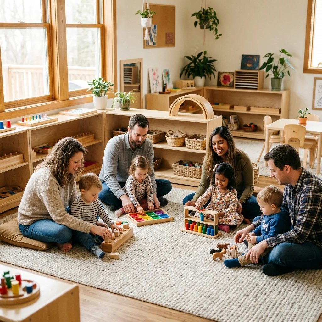 Parents and toddlers exploring Montessori materials together at Montessori Academy