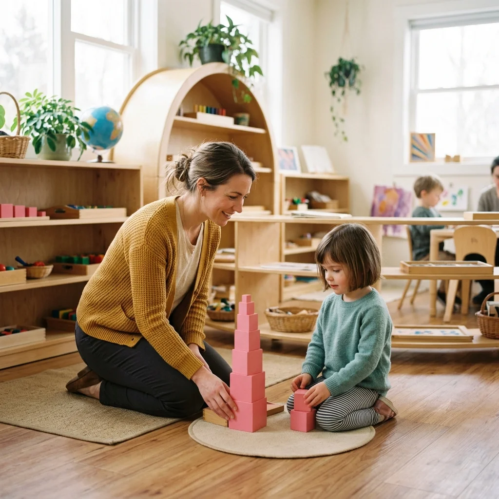 Montessori Academy teacher guiding a child with Montessori materials in a prepared environment